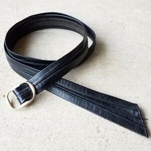 Vintage Black Leather Ruched Skinny Belt with D-Ring Adjustable Size